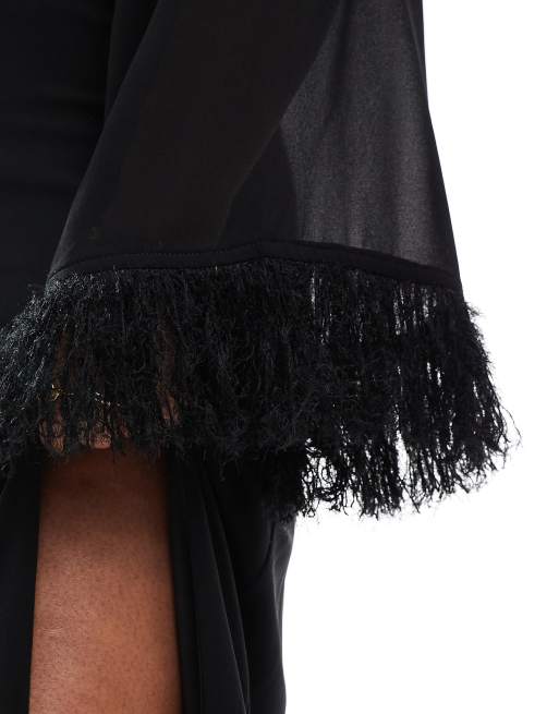 TFNC Plus long sleeve maxi dress with faux feather cuffs in black | ASOS