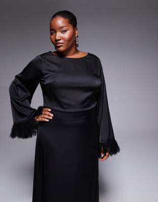 Tfnc Plus Long Sleeve Maxi Dress With Faux Feather Cuffs In Black