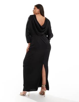 TFNC Plus long sleeve satin cowl back maxi dress in black