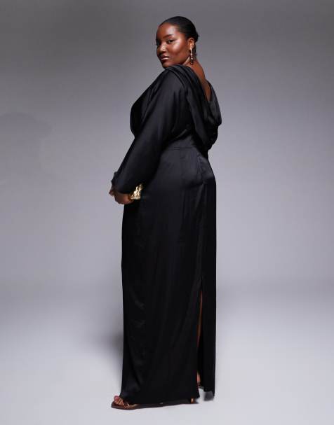 TFNC Plus long sleeve satin cowl back maxi dress in black - view 1