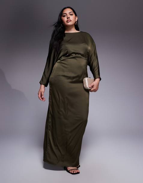 TFNC Plus long sleeve satin cowl back maxi dress in olive green - view 1