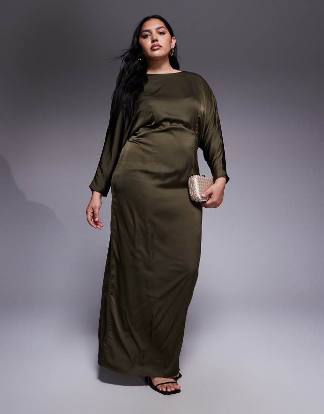 TFNC Plus long sleeve satin cowl back maxi dress in olive green