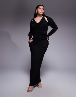 TFNC Plus long sleeve shoulder cut out open back maxi dress in black