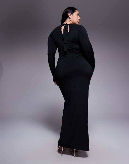TFNC Plus long sleeve shoulder cut out open back maxi dress in black, 3 of 4