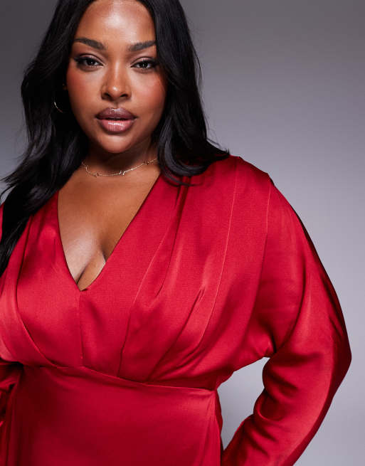 TFNC Plus Maxi jurk van satijn met kimonomouwen in rood ASOS