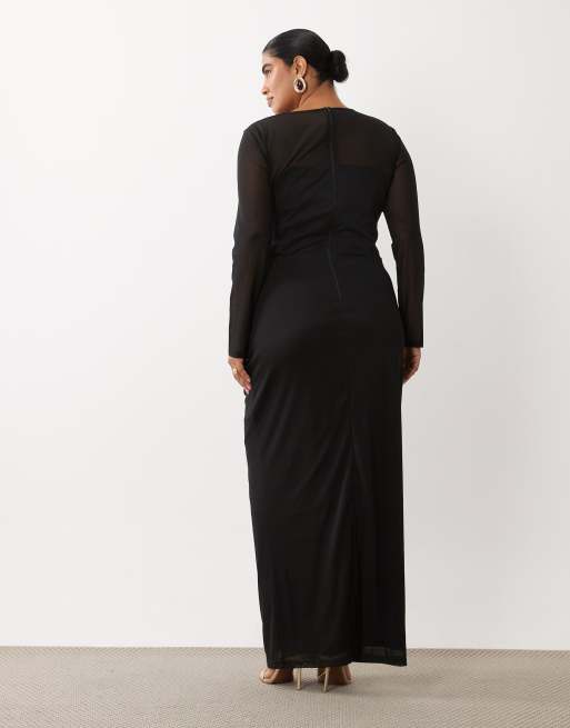 TFNC Plus Maxikleid aus Jersey mit Mesh-Overlay und langen Ärmeln in Schwarz, 4 von 4