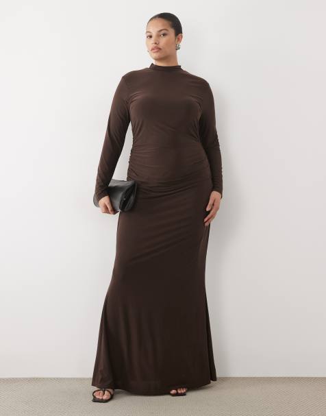 TFNC Plus mesh high neck ruched side maxi dress in chocolate - view 1