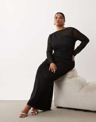 Tfnc Plus Mesh Overlay Jersey Long Sleeve Maxi Dress In Black
