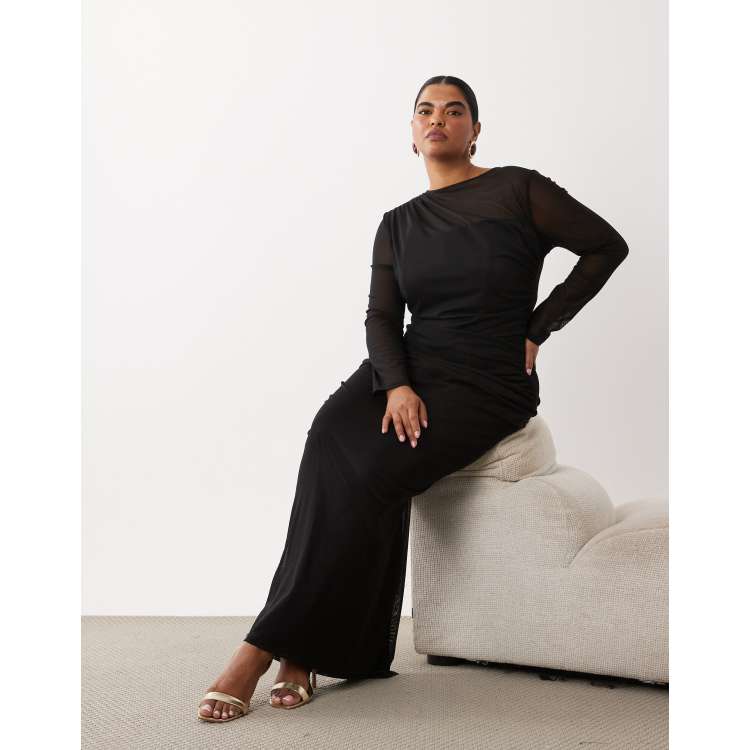 black jersey long sleeve dress TFNC Plus mesh overlay maxi in MG2024 Women's Apparel