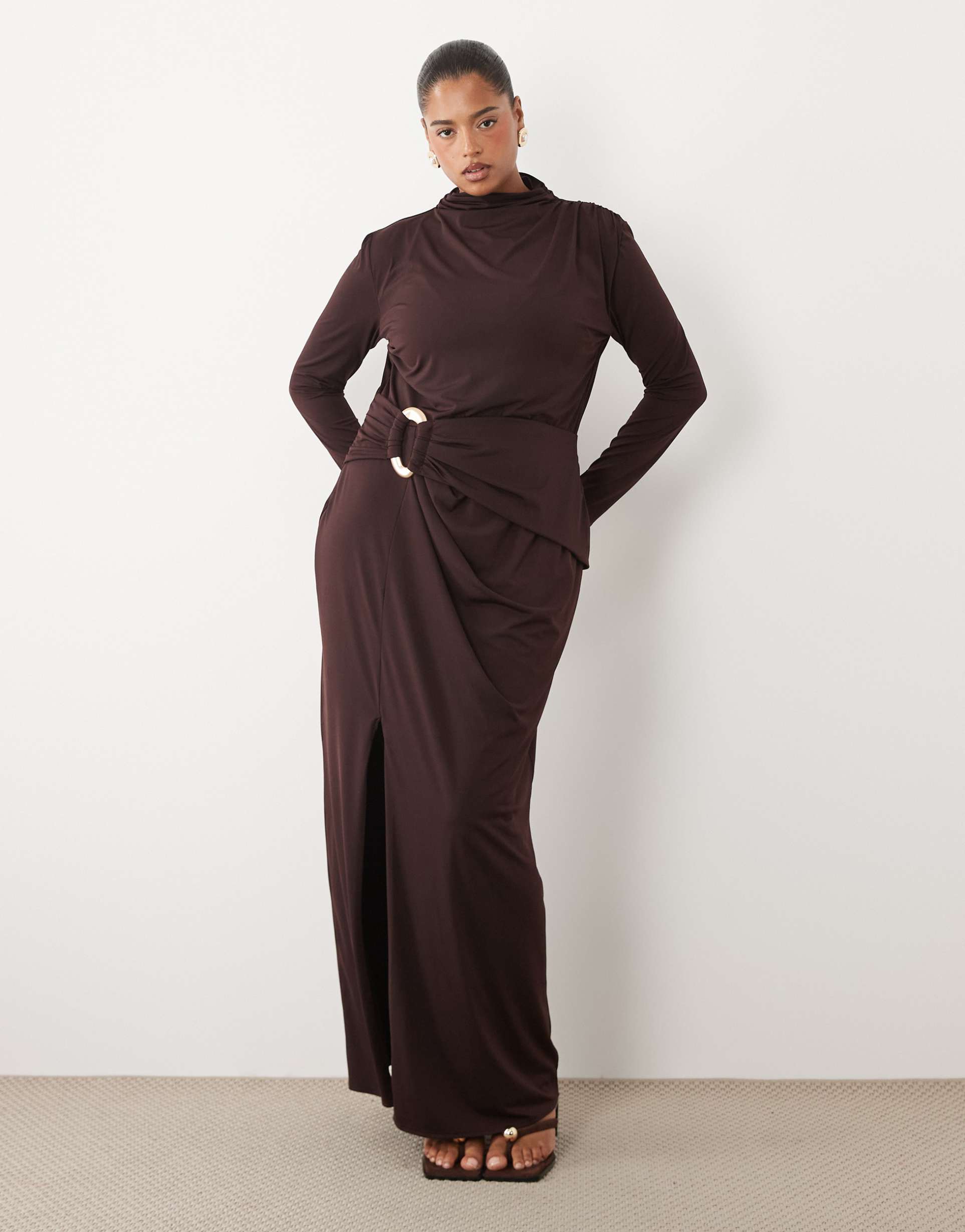 tfnc plus mesh trim detail high split maxi dress in chocolate