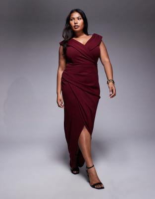 TFNC Plus - Midaxi-Kleid in Weinrot im Wickeldesign mit Carmen-Ausschnitt