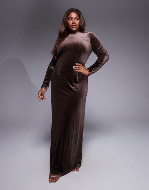 TFNC Plus modest long sleeved maxi dress with slash neck in chocolate brown velvet - view 1