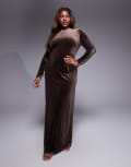 [TFNC Plus] TFNC Plus modest long-sleeved maxi dress with slash neck in chocolate brown velvet 24 Chocolate brown