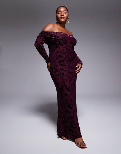 TFNC Plus off shoulder long sleeve maxi dress in burgundy velvet burn out - view 1