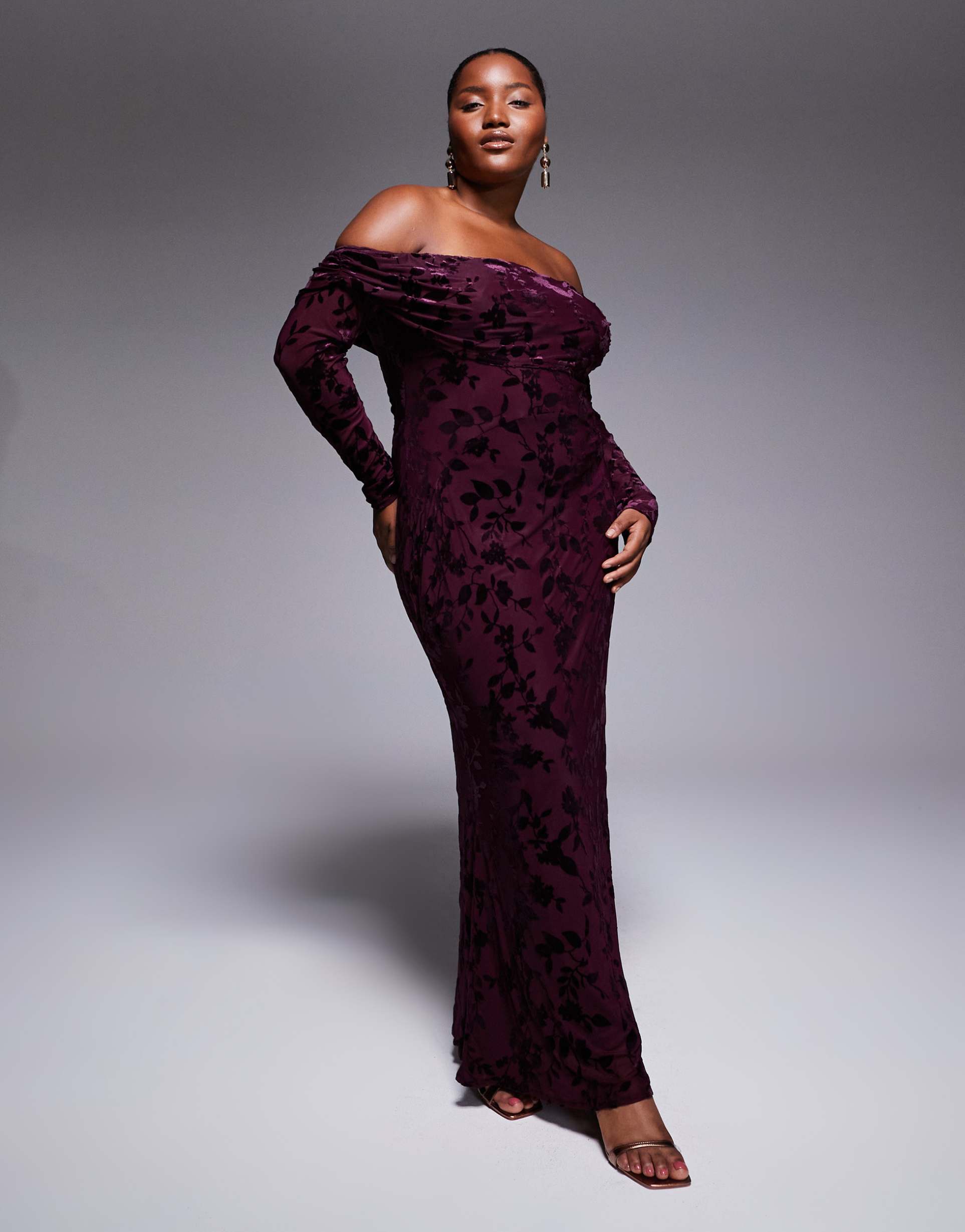 tfnc plus off shoulder long sleeve maxi dress in burgundy velvet burn out