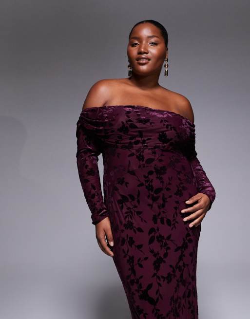 TFNC Plus off shoulder long sleeve maxi dress in burgundy velvet