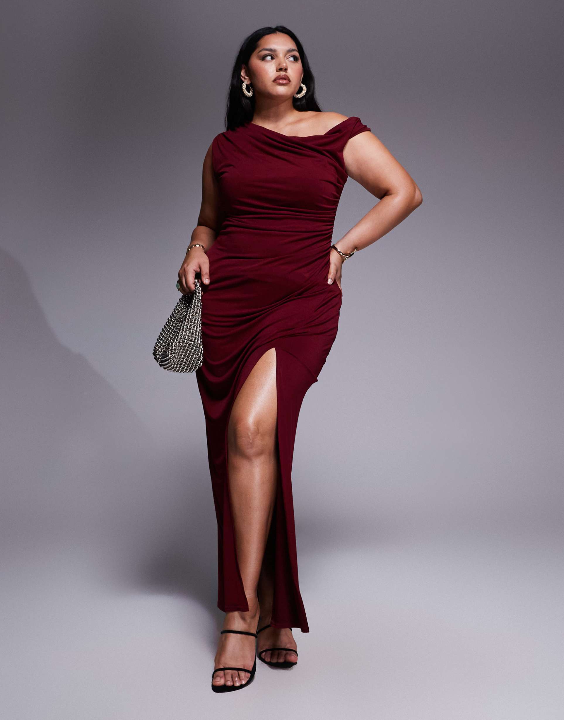 tfnc plus one shoulder midaxi dress with thigh split in cherry