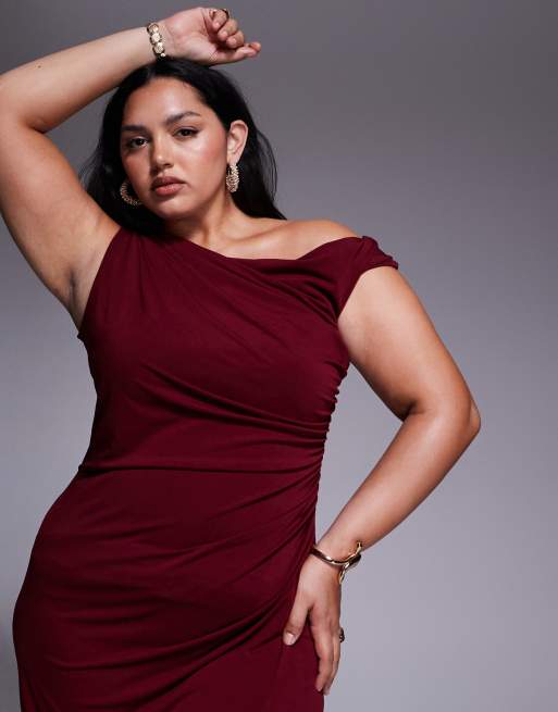 TFNC Plus one shoulder midaxi dress with thigh split in cherry, 2 of 4