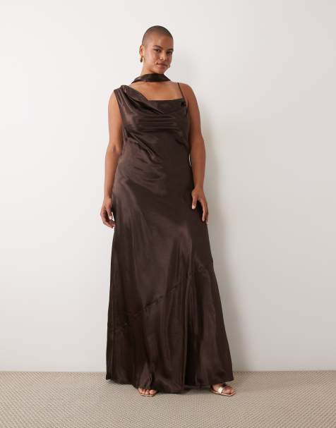 TFNC Plus one shoulder satin cowl detail maxi dress in chocolate - view 1