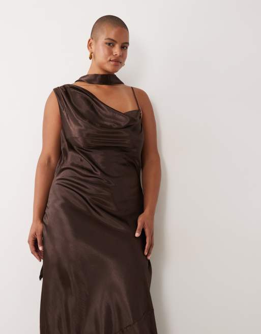 TFNC Plus one shoulder satin cowl detail maxi dress in chocolate, 2 of 4