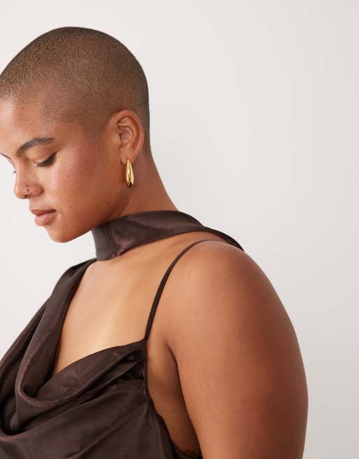 TFNC Plus one shoulder satin cowl detail maxi dress in chocolate, 3 of 4