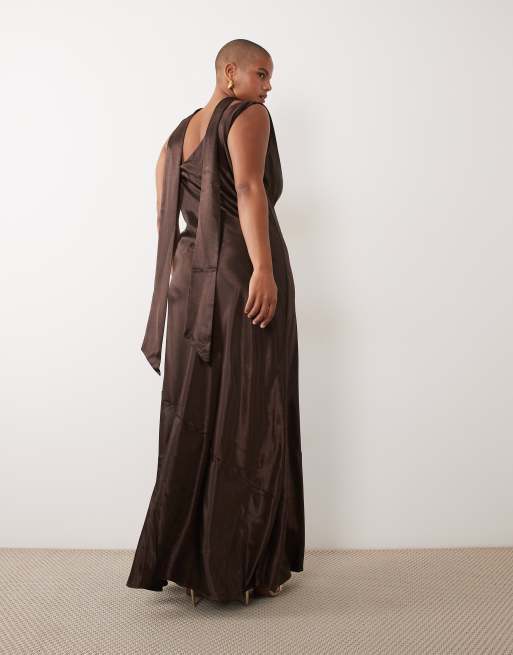 TFNC Plus one shoulder satin cowl detail maxi dress in chocolate, 4 of 4