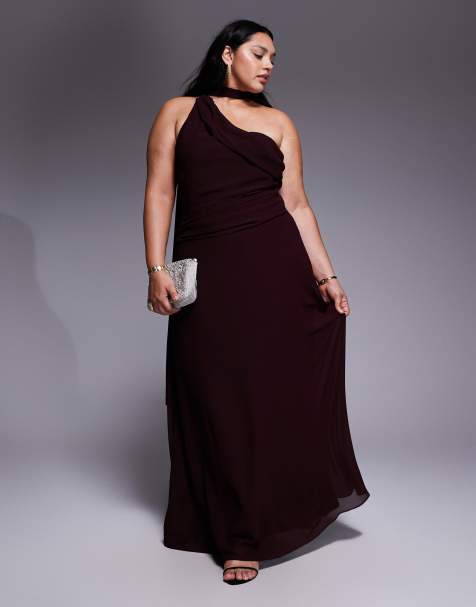 TFNC Plus one shoulder scarf neck maxi dress in cherry - view 1