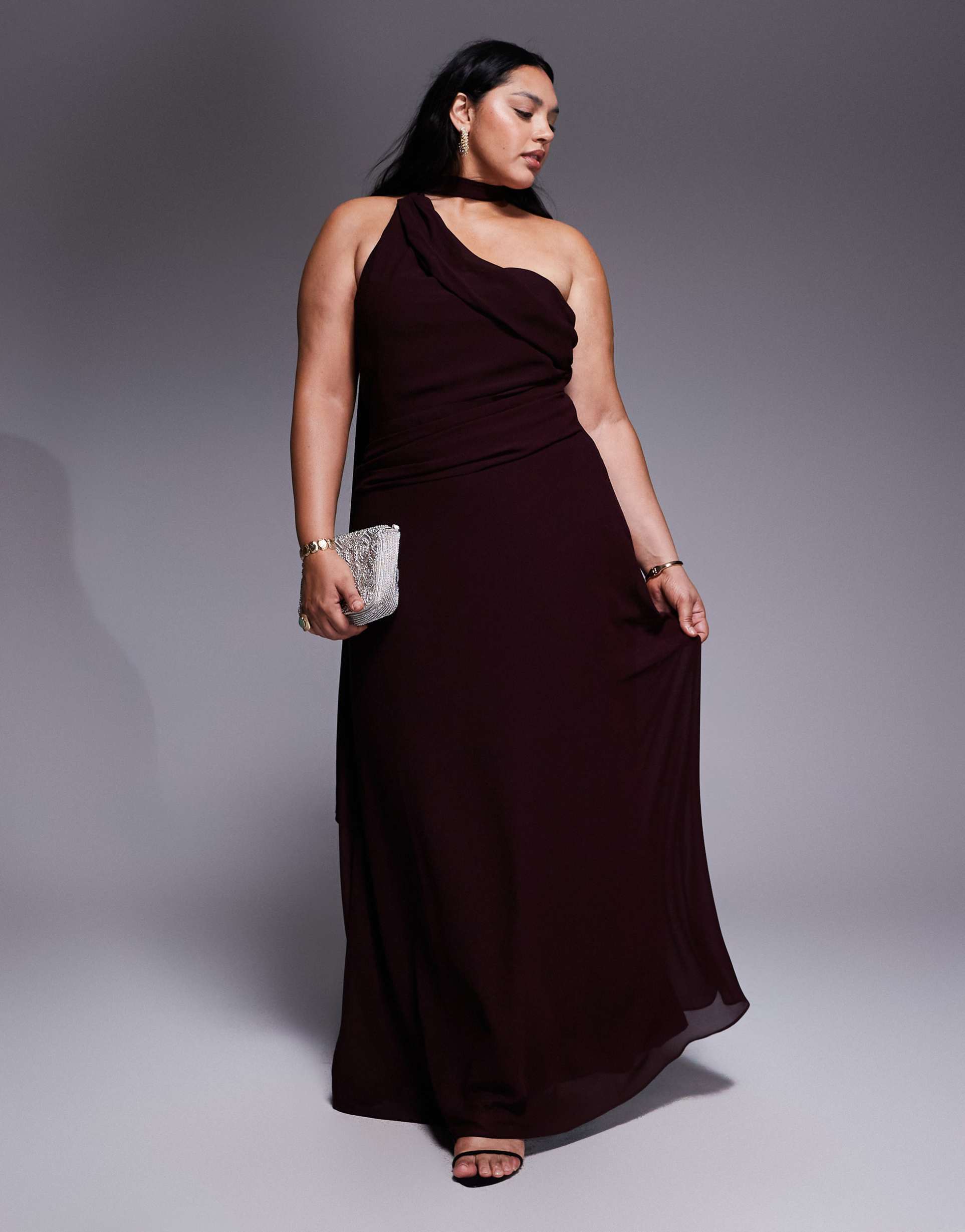tfnc plus one shoulder scarf neck maxi dress in cherry