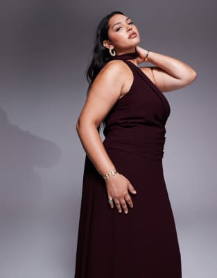Tfnc Plus One Shoulder Scarf Neck Maxi Dress In Pink