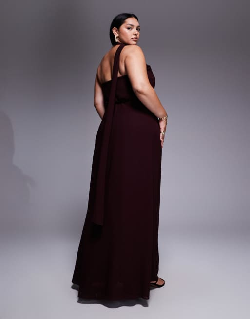 TFNC Plus one shoulder scarf neck maxi dress in cherry | ASOS