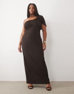 Tfnc Plus Slinky One Shoulder Drape Detail Maxi Dress In Brown