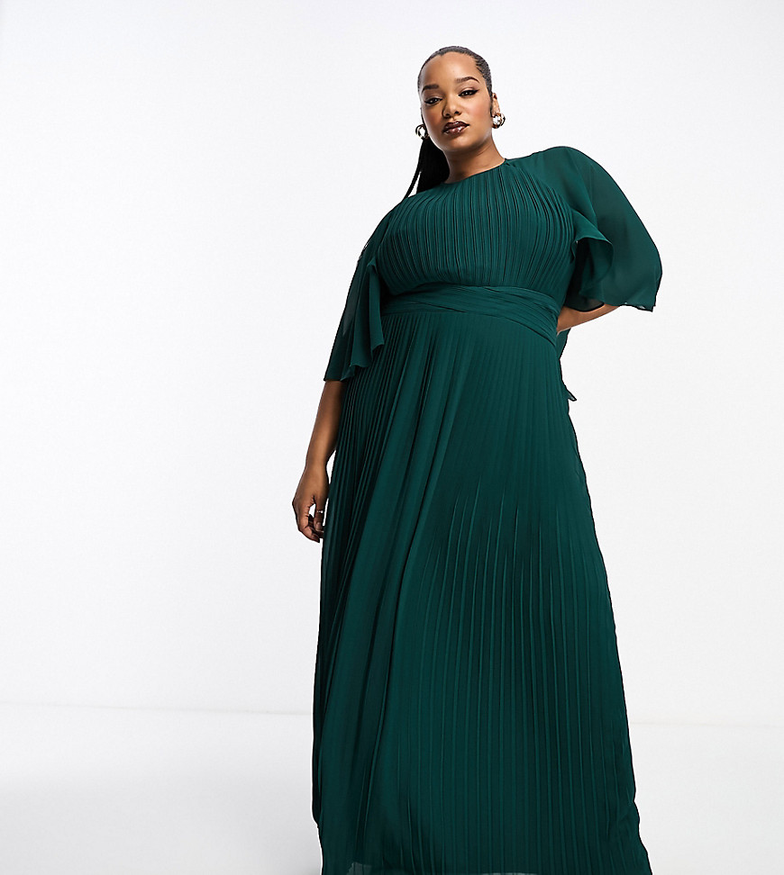 TFNC Plus pleated maxi dress with cape detail in forest green