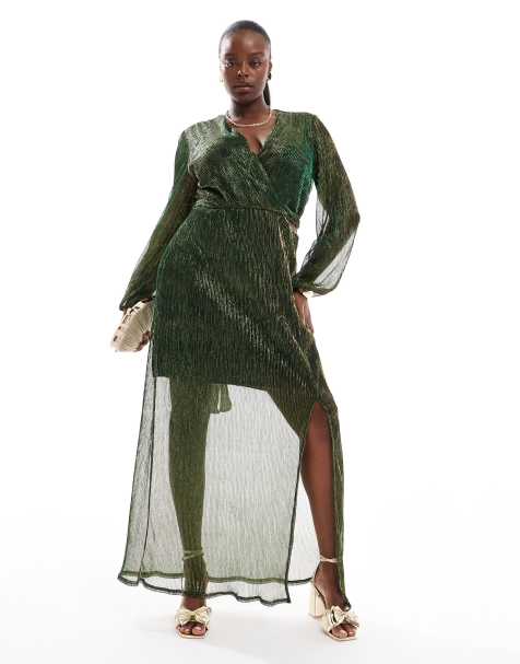 TFNC Plus pleated shimmer maxi dress in emerald green - view 1