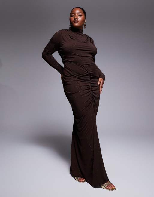 TFNC Plus plunge neck embelished maxi dress with thigh split in chocolate