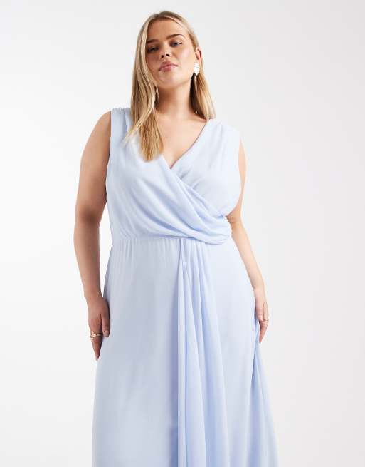 TFNC Plus - Robe cache-cœur longue drapée de demoiselle d'honneur en mousseline - Bleu pastel, 3 de 4