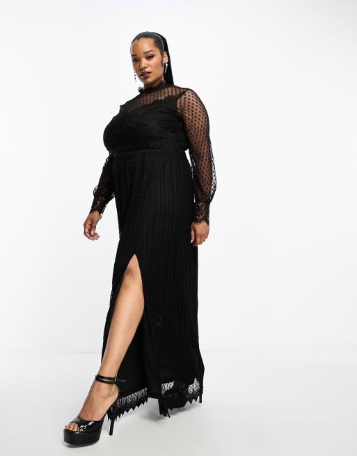 TFNC Plus - Robe longue à col montant et détails en dentelle - Noir 