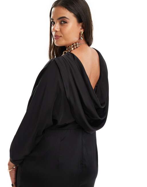TFNC Plus - Robe longue à manches longues et dos bénitier en satin - Noir, 3 de 4