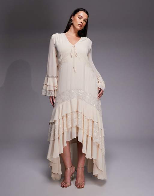 TFNC Plus - Robe longue à manches longues et volants en mousseline et dentelle - Crème, 3 de 4