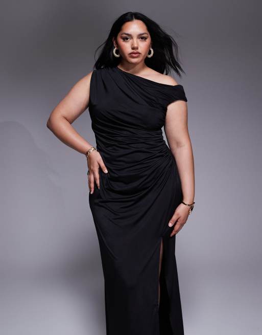 TFNC Plus robe longue asymétrique avec fente sur la cuisse noire, 2 de 4
