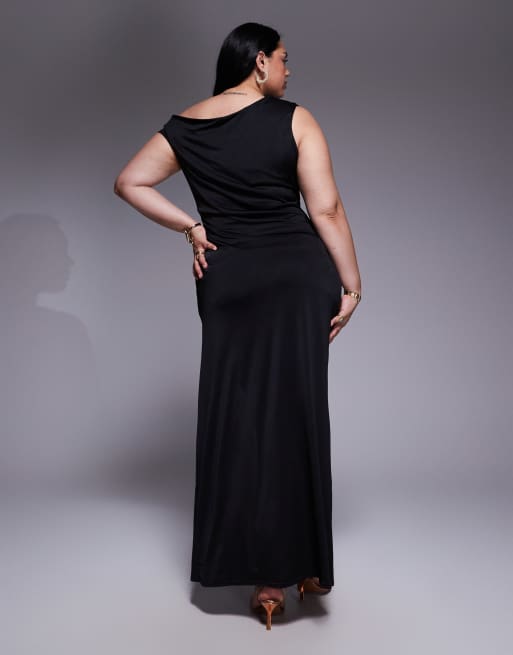 TFNC Plus robe longue asymétrique avec fente sur la cuisse noire, 3 de 4