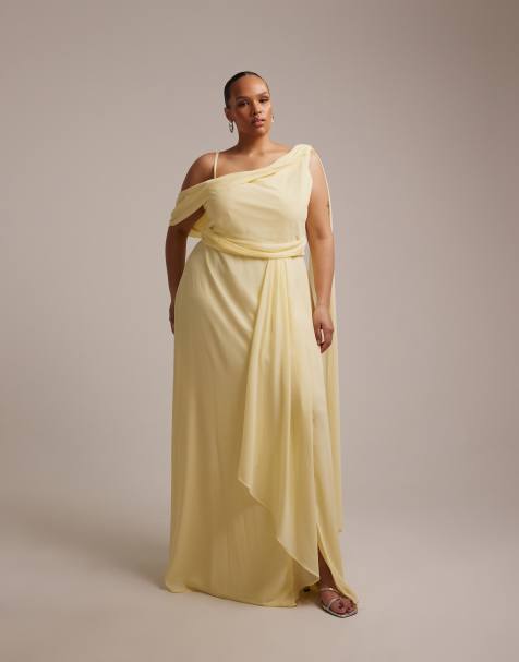 TFNC Plus - Robe longue de demoiselle d'honneur en mousseline à épaules dénudées et foulard drapé - Citron - view 1