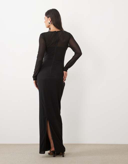 TFNC Plus robe longue en jersey à superposition en tulle à manches longues noire, 4 de 4