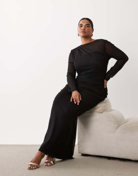 TFNC Plus robe longue en jersey à superposition en tulle à manches longues noire - view 1