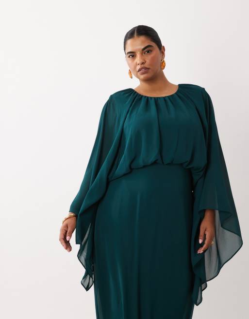 TFNC Plus robe longue en mousseline avec détail cape, bleu sarcelle foncé, 3 de 4