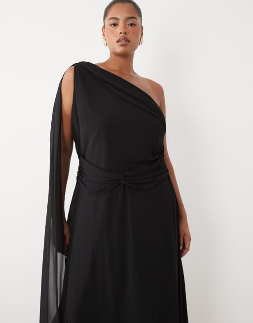 TFNC Plus - Robe longue en mousseline drapée à épaule dénudée et taille torsadée - Noir, 3 de 4