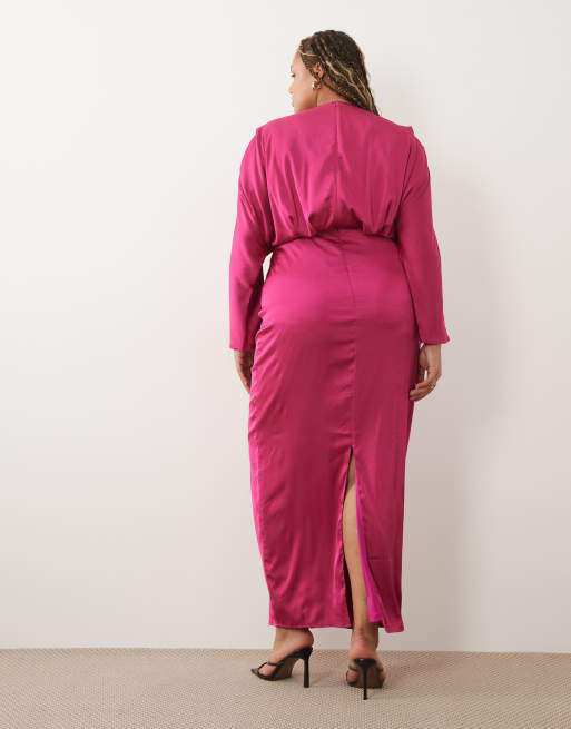 TFNC Plus robe longue en satin à décolleté plongeant et manches kimono, rose foncé, 4 de 4