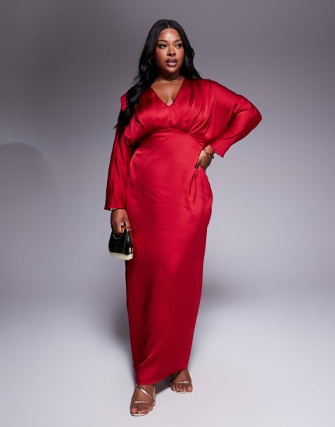 TFNC Plus - Robe longue en satin avec manches kimono - Rouge - view 1