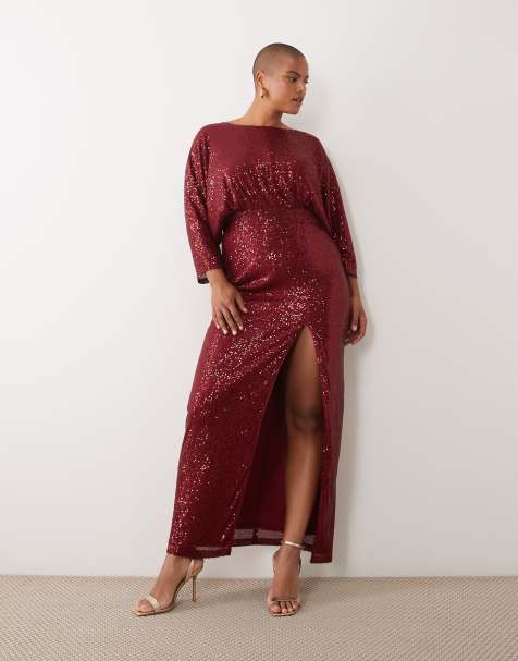 TFNC Plus robe longue en tulle à sequins, manches kimono, fente haute, bordeaux - view 1