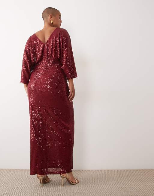 TFNC Plus robe longue en tulle à sequins, manches kimono, fente haute, bordeaux, 4 de 4