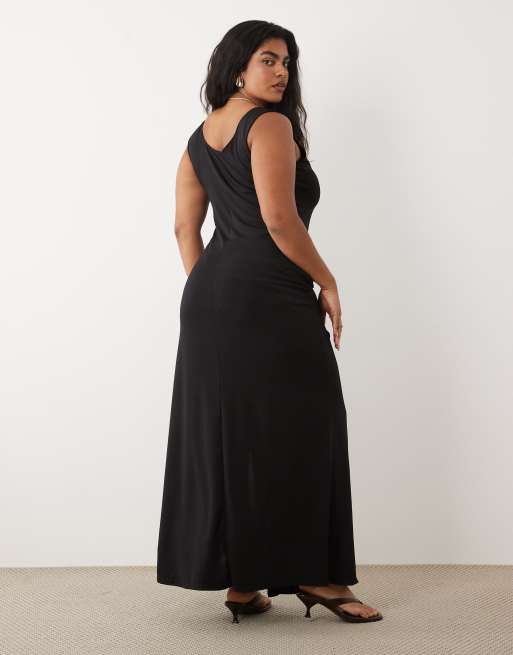 TFNC Plus - Robe longue fendue près du corps à encolure dégagée et détail noué - Noir, 3 de 4